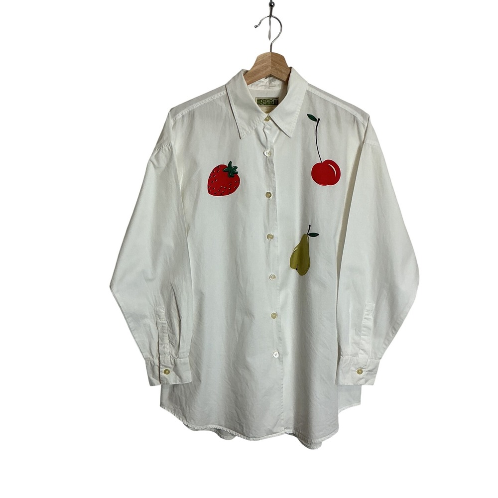Vintage 90s Esprit Med White Cotton Fruit Button Up Shirt Retro Artsy Whimsical